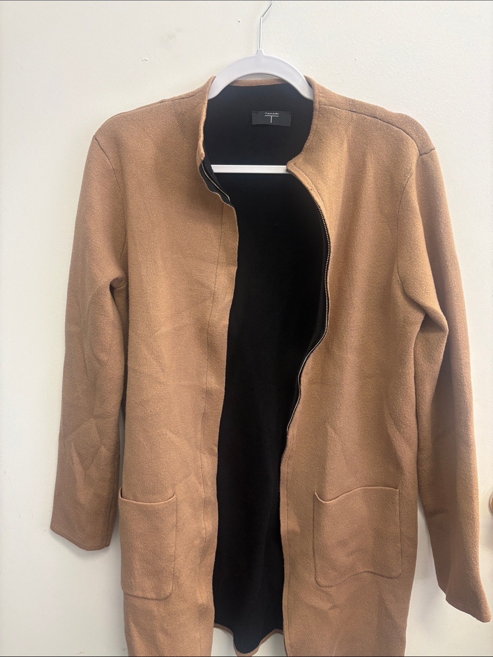 Tahari Camel Brown Open Front Coat with Black Lining